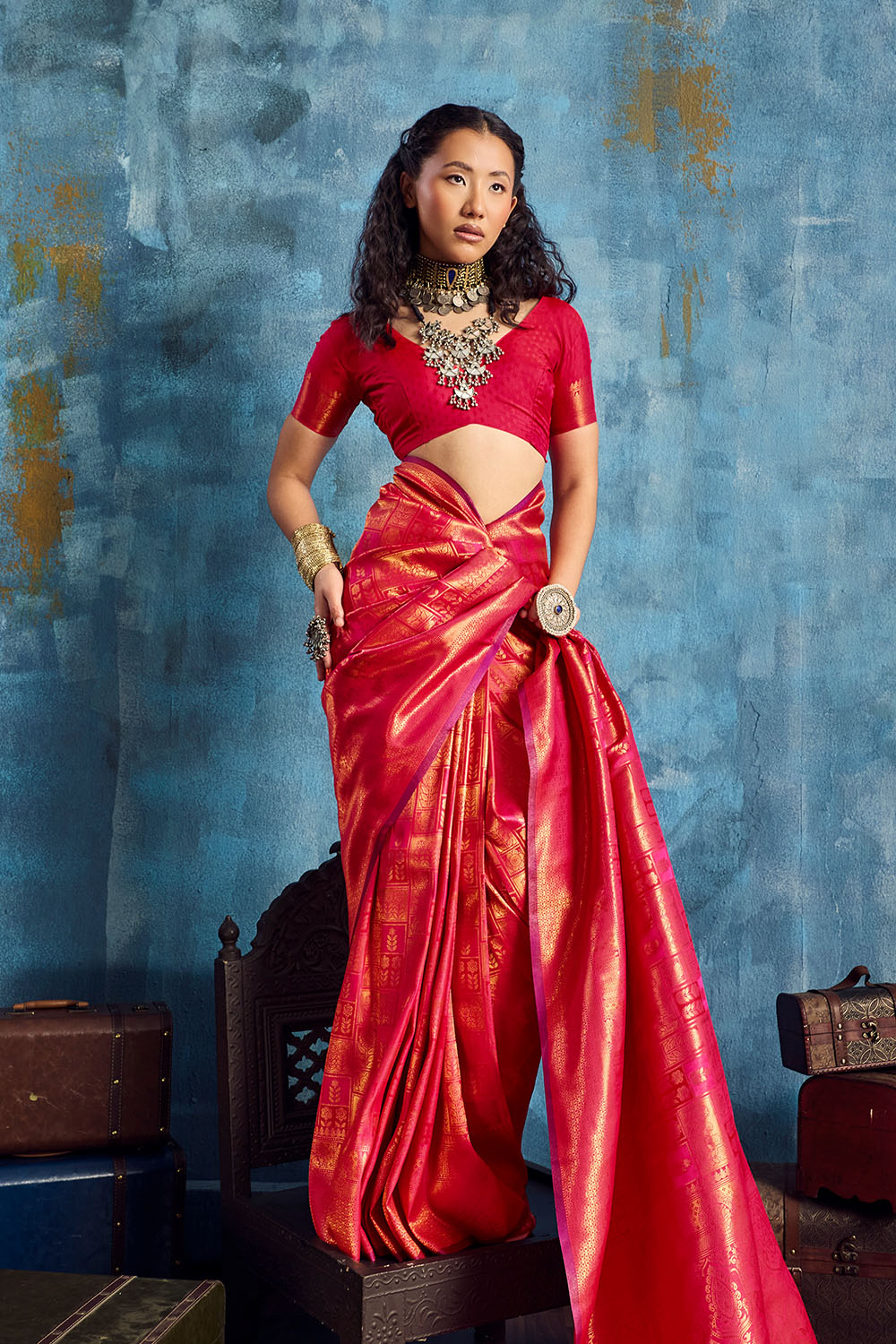 Kiya Red Handloom Zari Weaving Silk Ready to Wear Saree