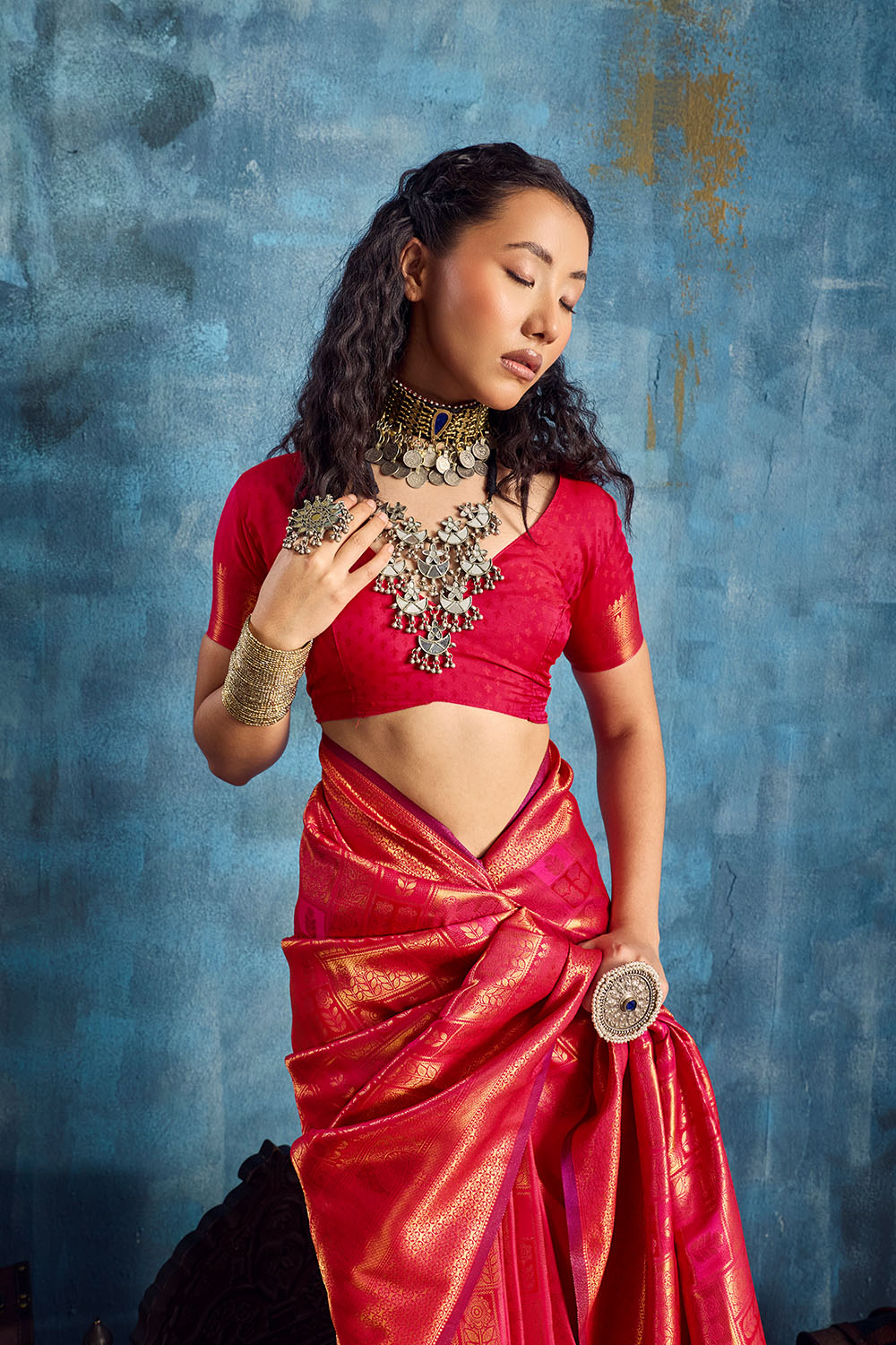 Kiya Red Handloom Zari Weaving Silk Ready to Wear Saree