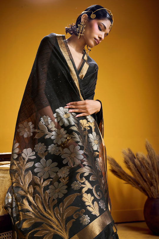 Neerja Elegant Black Munga Silk Zari Weaving Ready to Wear One Minute Saree