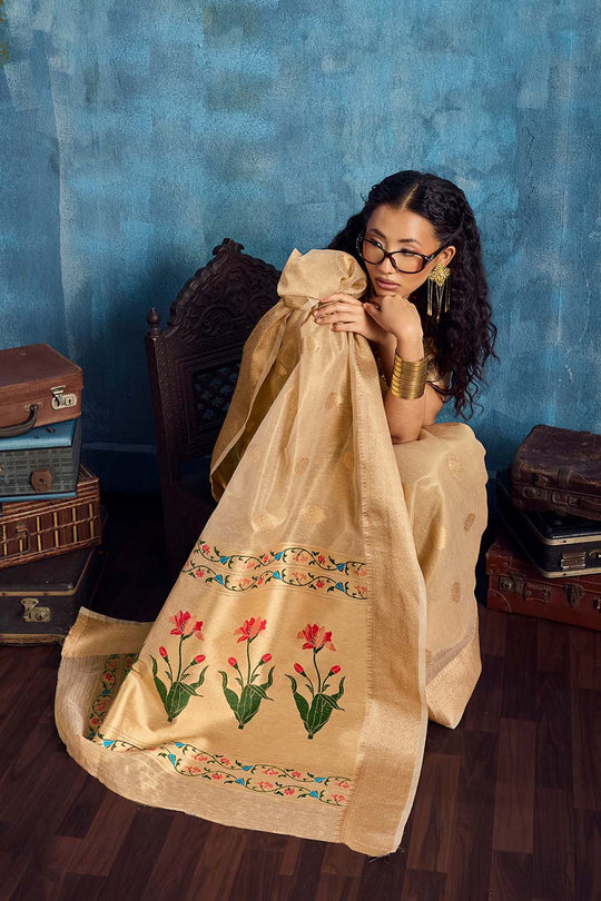 Cleo Beige Paithani Tissue Handloom Weaving Ready to Wear Saree