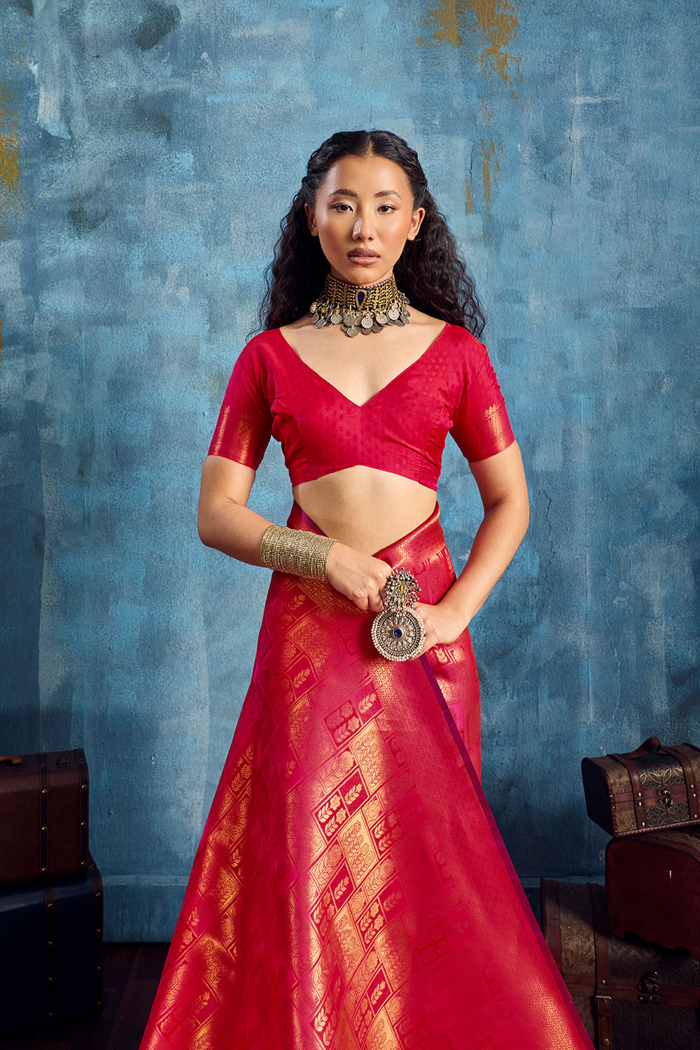 Kiya Red Handloom Zari Weaving Silk Ready to Wear Saree