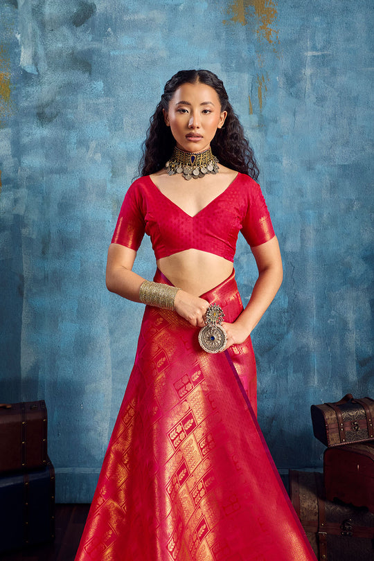 Kiya Red Handloom Zari Weaving Silk Ready to Wear Saree