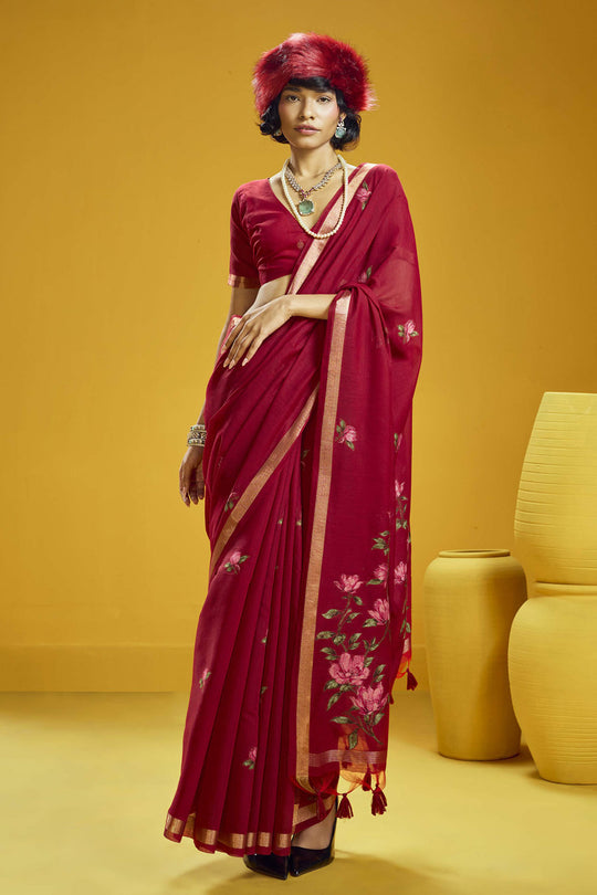 Emilia Red Munga Print Cotton Handloom Weaving Ready to Wear Saree