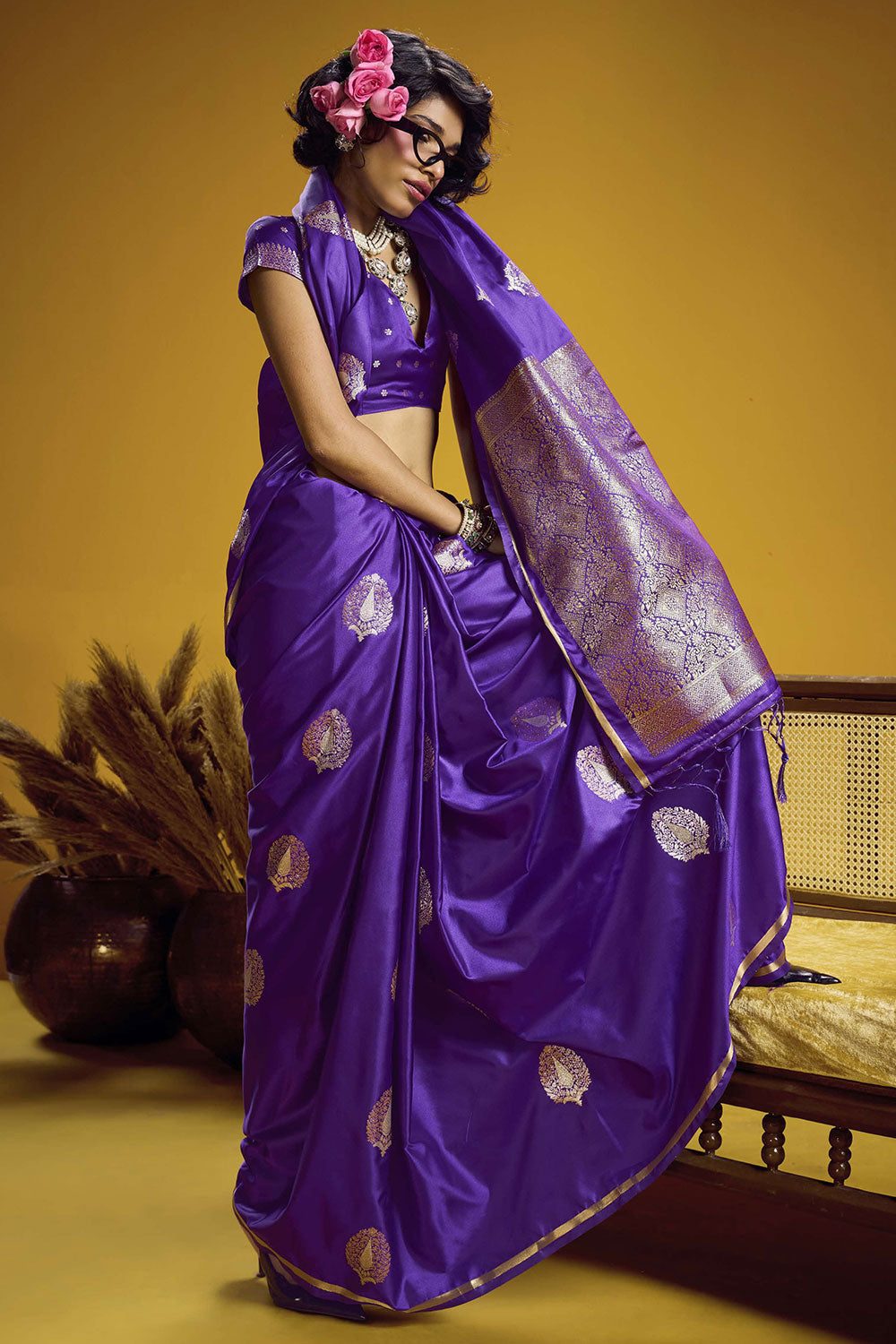 Venu Royal Blue Pure Satin Handloom Woven Silk Ready to Wear Saree