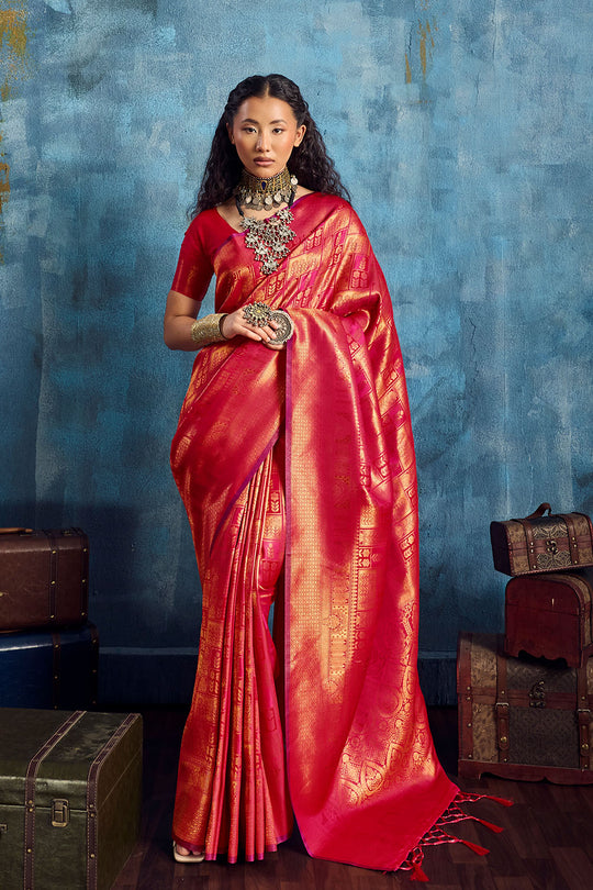 Kiya Red Handloom Zari Weaving Silk Ready to Wear Saree