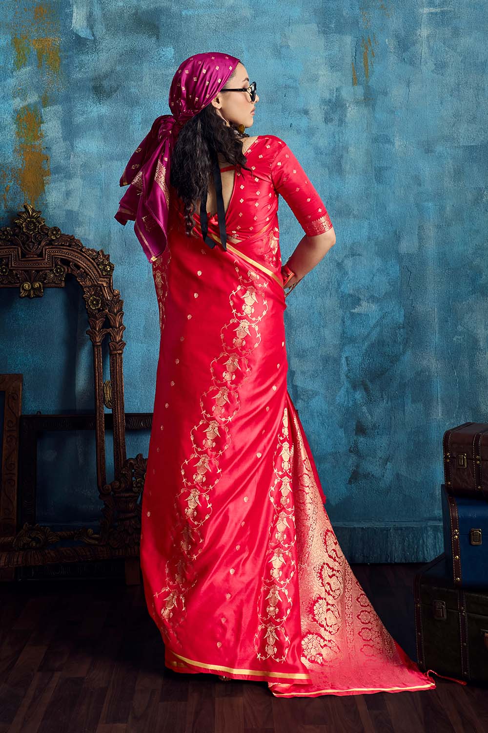 Ghazal Red Pure Satin Handloom Weaving Ready to Wear Saree