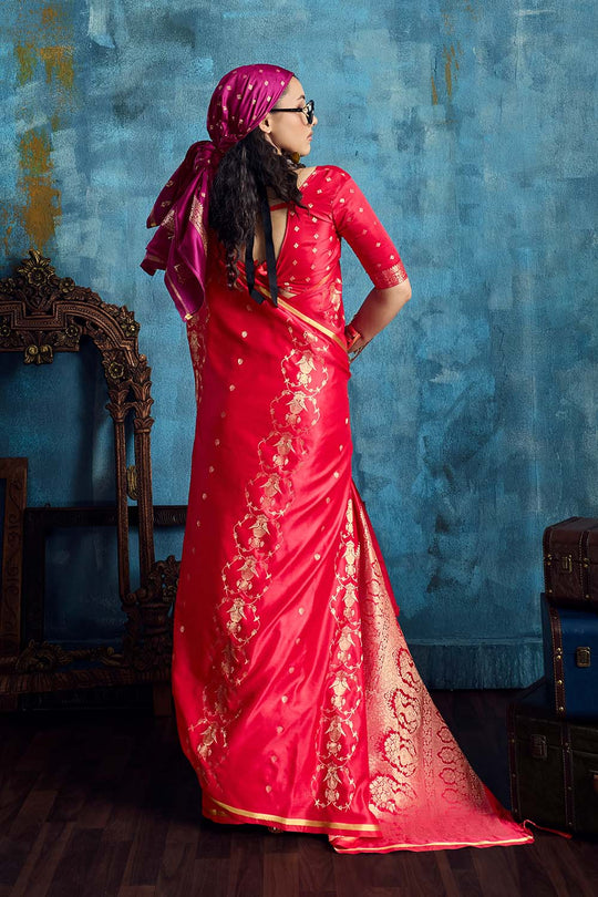 Ghazal Red Pure Satin Handloom Weaving Ready to Wear Saree