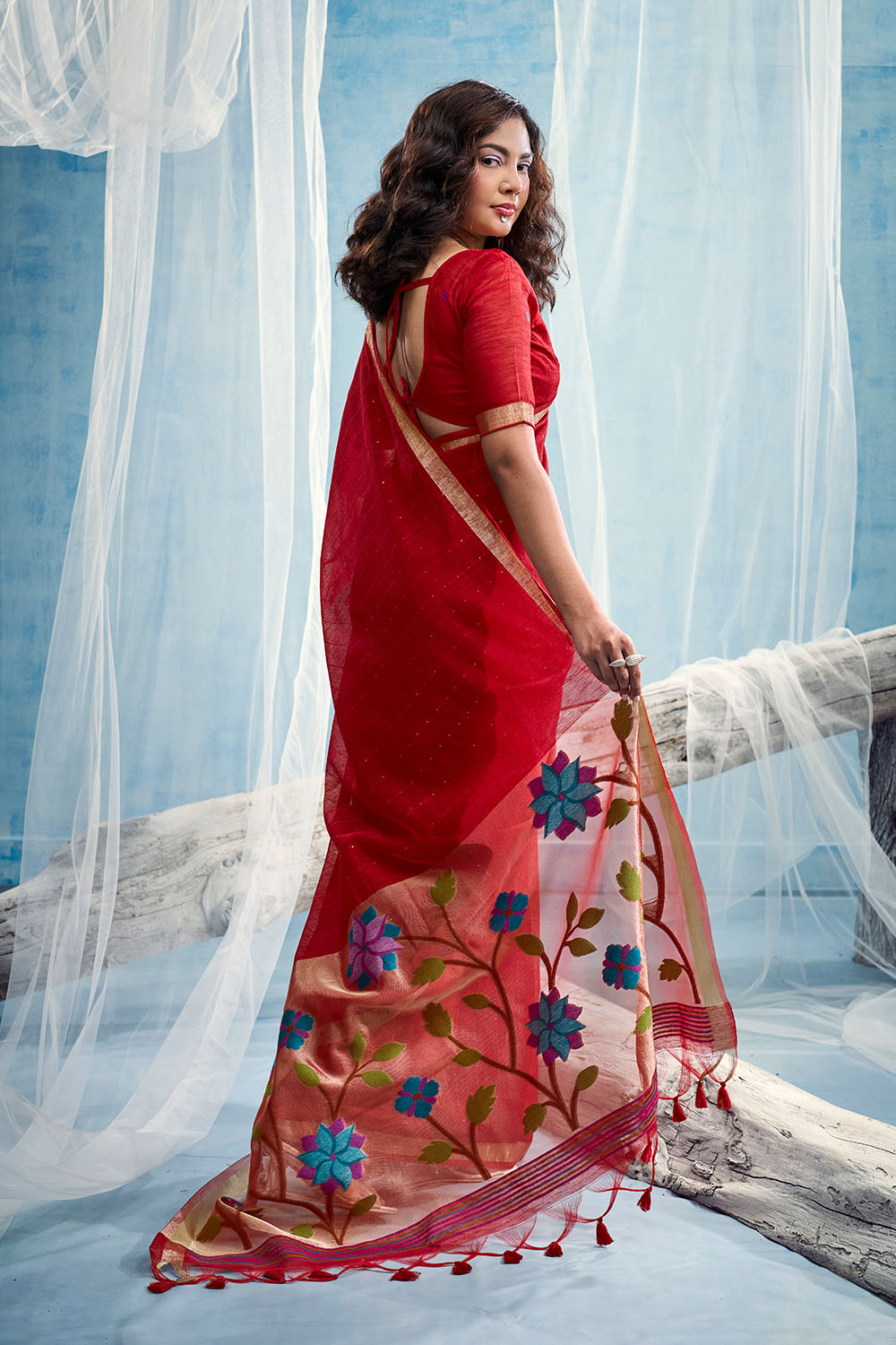 Sandhya Red Munga Silk Handloom Weaving Zari Work  Ready to Wear Saree