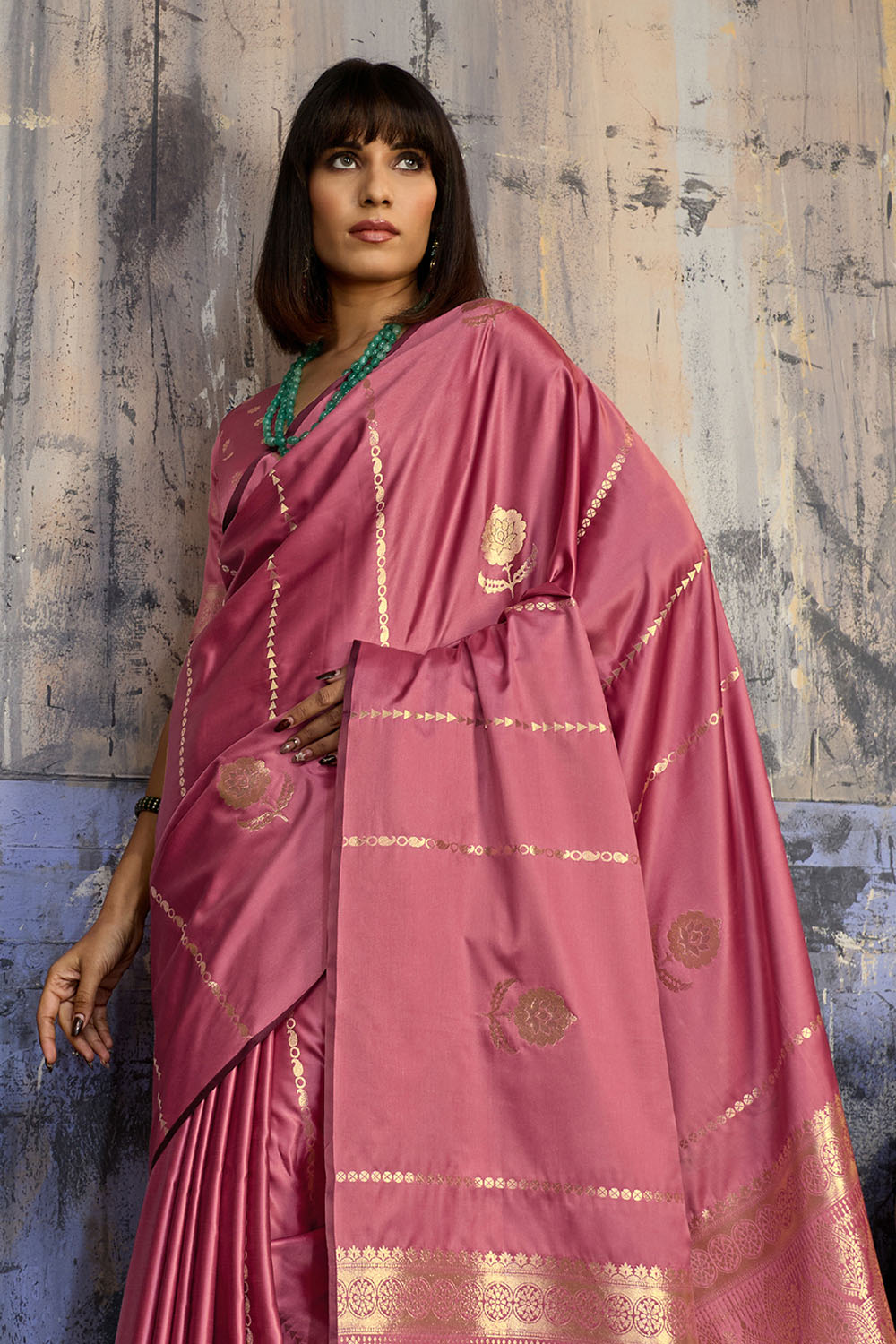 Iskra Rose Pink Pure Satin Handloom Weaving Ready to Wear Saree