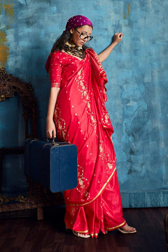 Ghazal Red Pure Satin Handloom Weaving Ready to Wear Saree
