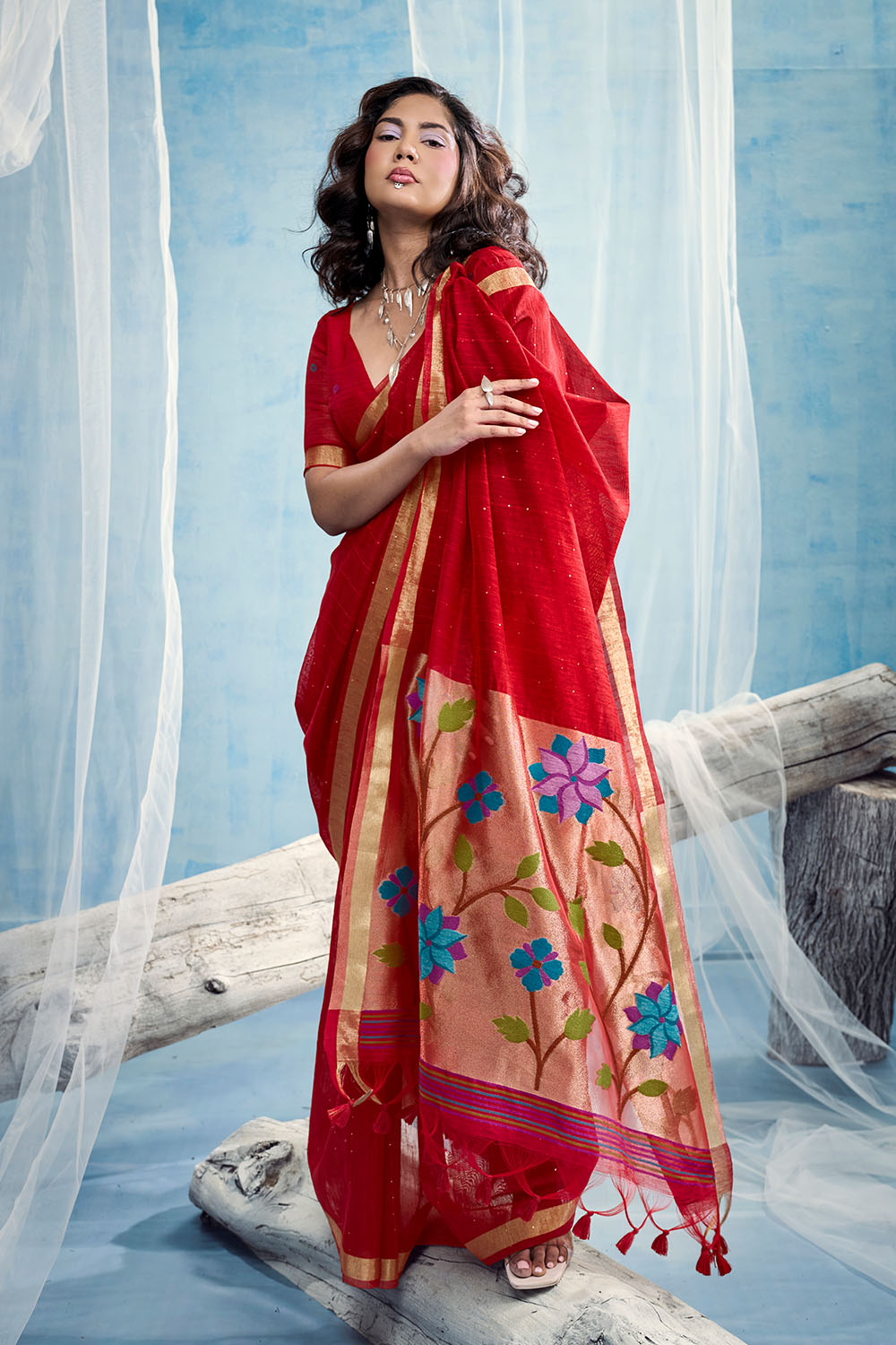 Sandhya Red Munga Silk Handloom Weaving Zari Work  Ready to Wear Saree