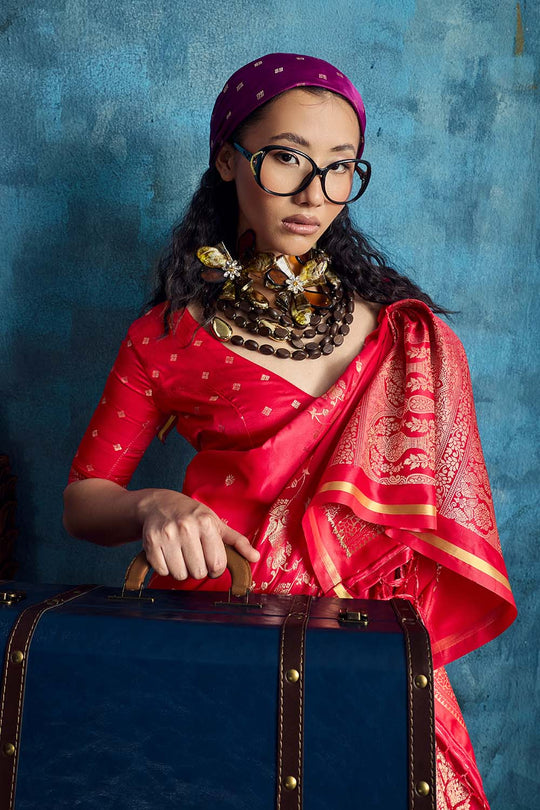 Ghazal Red Pure Satin Handloom Weaving Ready to Wear Saree