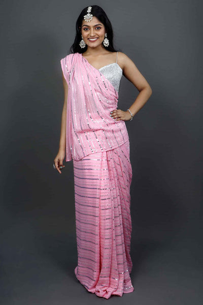 Puja Pink Georgette Silver Sequins Ready to Ship One Minute Saree