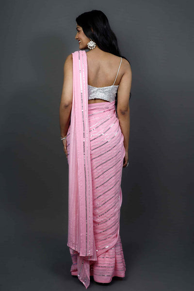 Puja Pink Georgette Silver Sequins Ready to Ship One Minute Saree