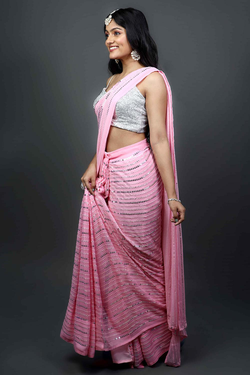 Puja Pink Georgette Silver Sequins Ready to Ship One Minute Saree