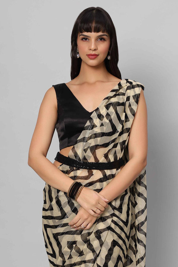 Maya Cream & Black Zigzag Georgette One Minute Saree