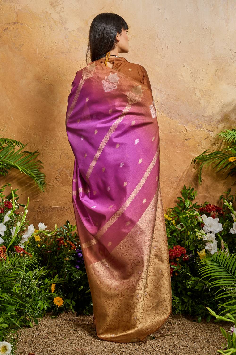 Suri Magenta & Copper Paper Silk With Zari Work Ready to Wear One Minute Saree