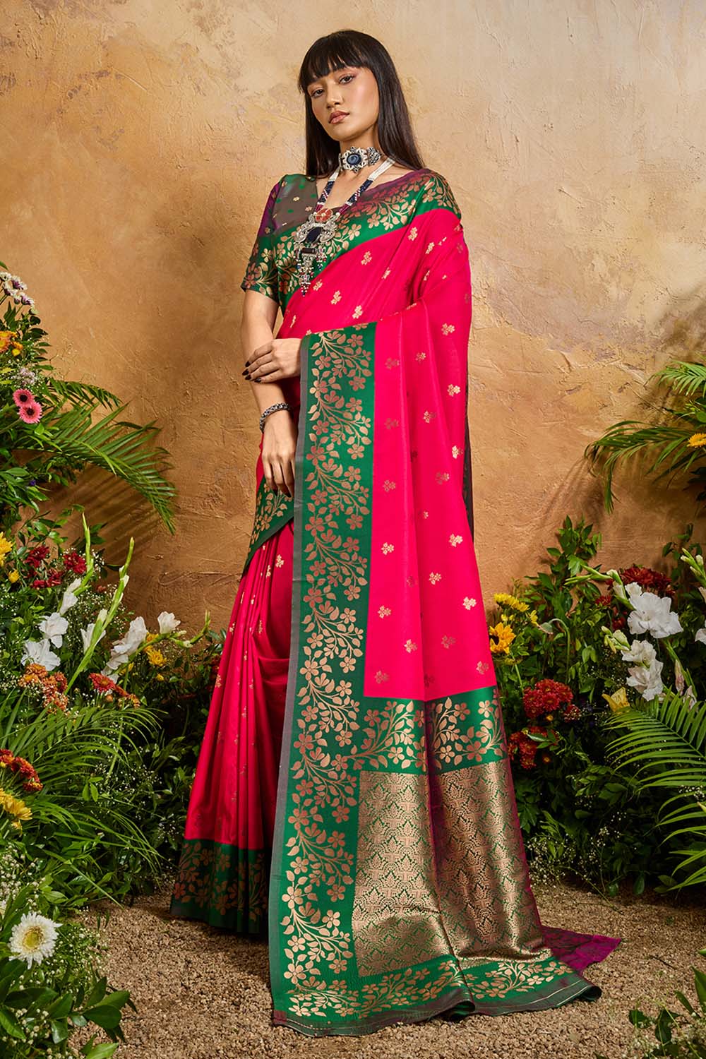 Roya Hot Pink and Green Handloom Weaving Silk Ready to Wear Saree