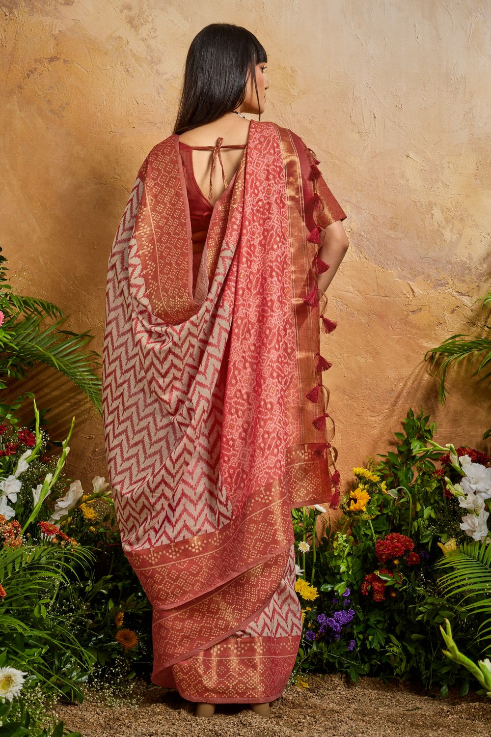 Helen Rust Red Viscose Cotton Handloom Woven Patola Ready to Wear Saree