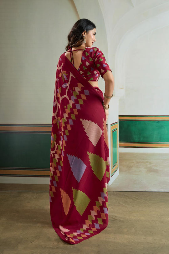 Aylani Maroon Modal Satin Ajrakh Print Ready to Wear Saree
