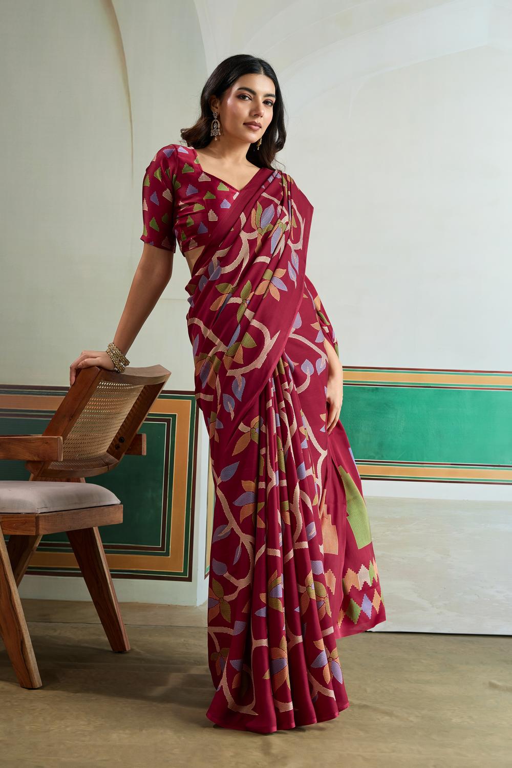 Aylani Maroon Modal Satin Ajrakh Print Ready to Wear Saree