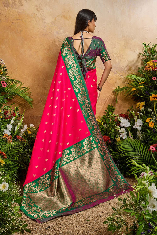 Roya Hot Pink and Green Handloom Weaving Silk Ready to Wear Saree