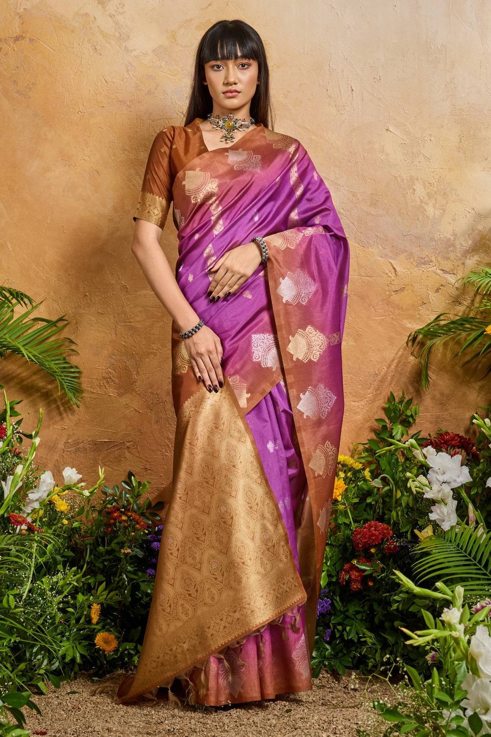 Suri Magenta & Copper Paper Silk With Zari Work Ready to Wear One Minute Saree