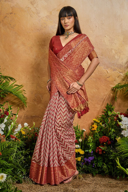 Helen Rust Red Viscose Cotton Handloom Woven Patola Ready to Wear Saree