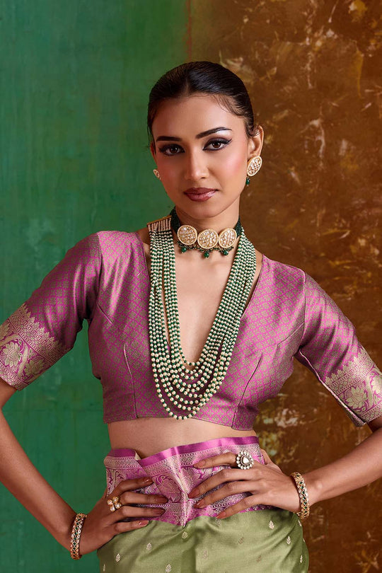 Julia Olive Green Satin Handloom Weaving Silk Ready to Wear Saree