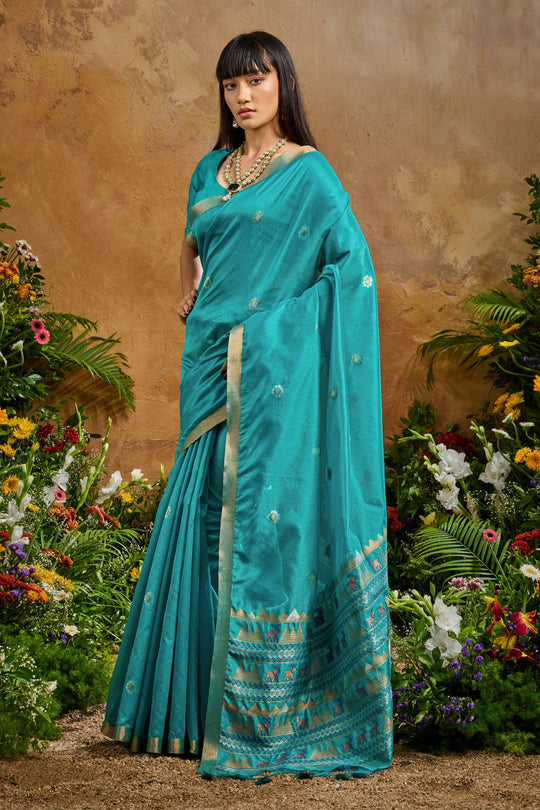 Nikka Teal Blue Tussar Silk Handloom Woven Tribal Border Ready to Wear Saree