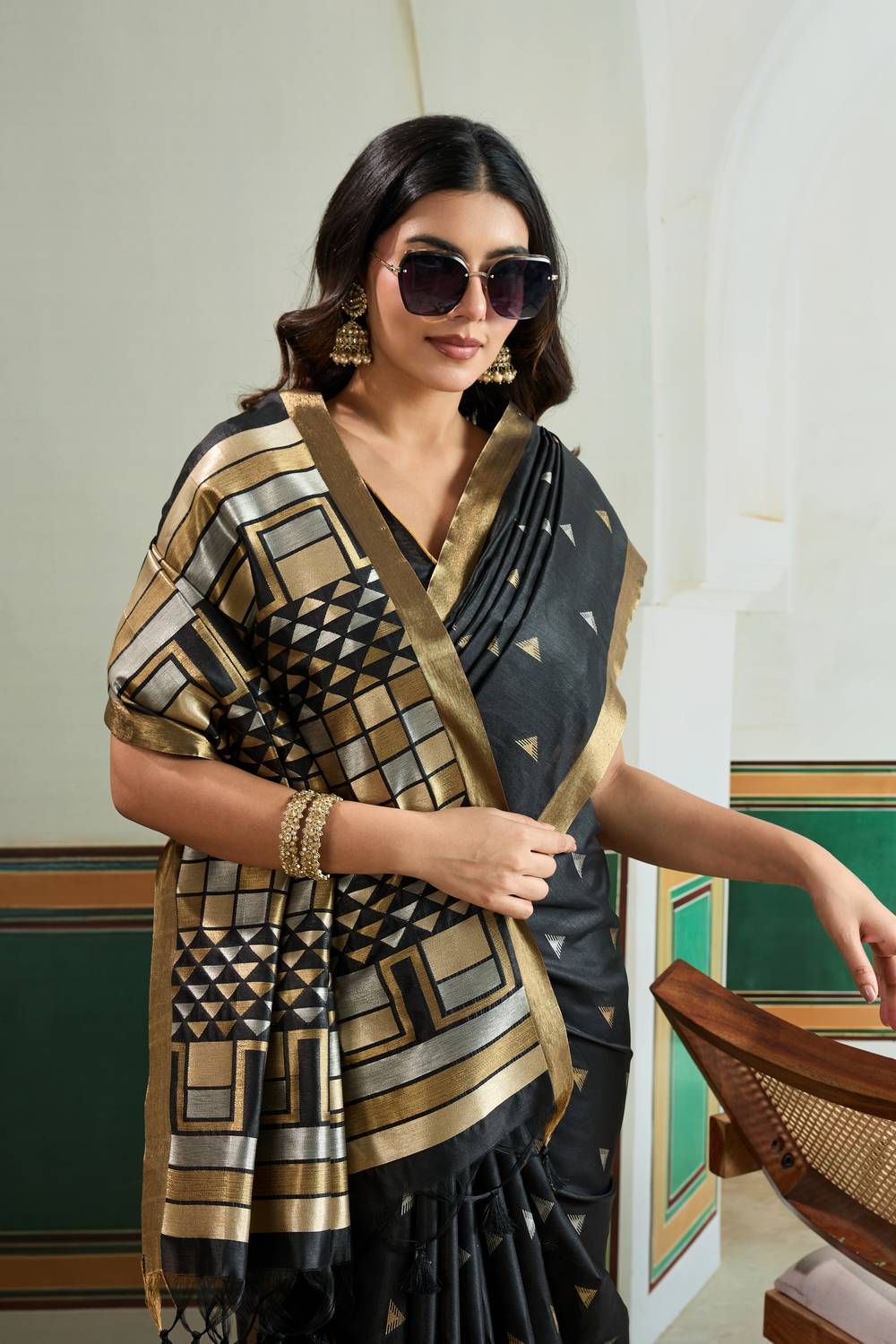 Usha Black Tussar Silk Ikkat Handloom Weaving Ready to Wear Saree