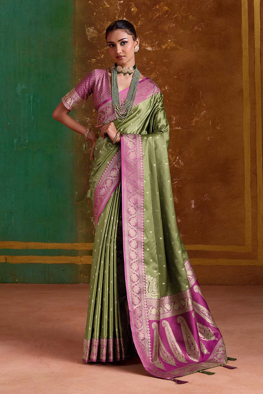 Julia Olive Green Satin Handloom Weaving Silk Ready to Wear Saree
