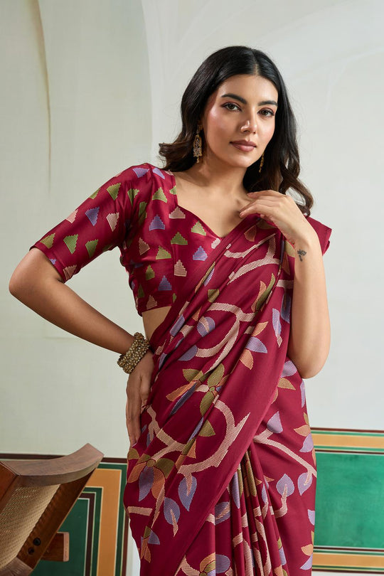 Aylani Maroon Modal Satin Ajrakh Print Ready to Wear Saree