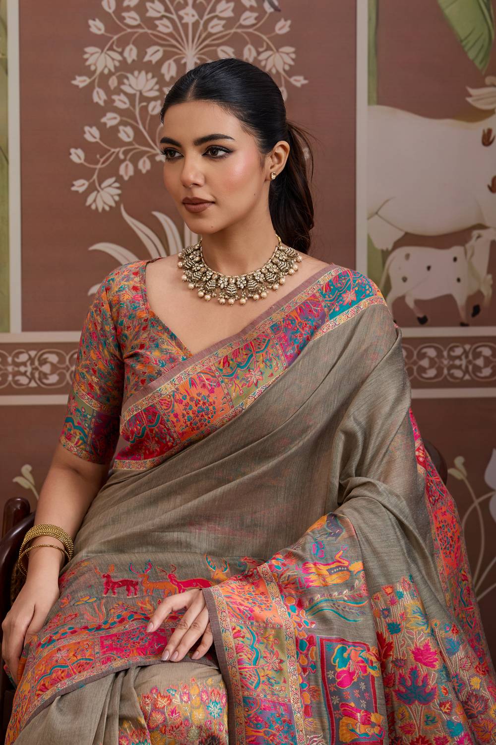 Misha Grey Modal Cotton Pashmina Woven Ready to Wear Saree