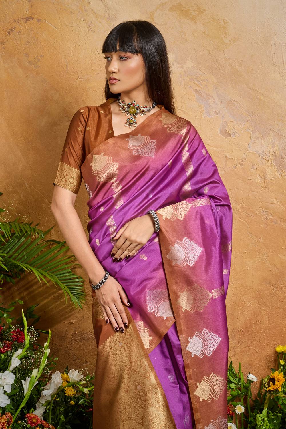 Suri Magenta & Copper Paper Silk With Zari Work Ready to Wear One Minute Saree