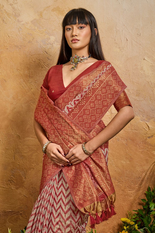 Helen Rust Red Viscose Cotton Handloom Woven Patola Ready to Wear Saree