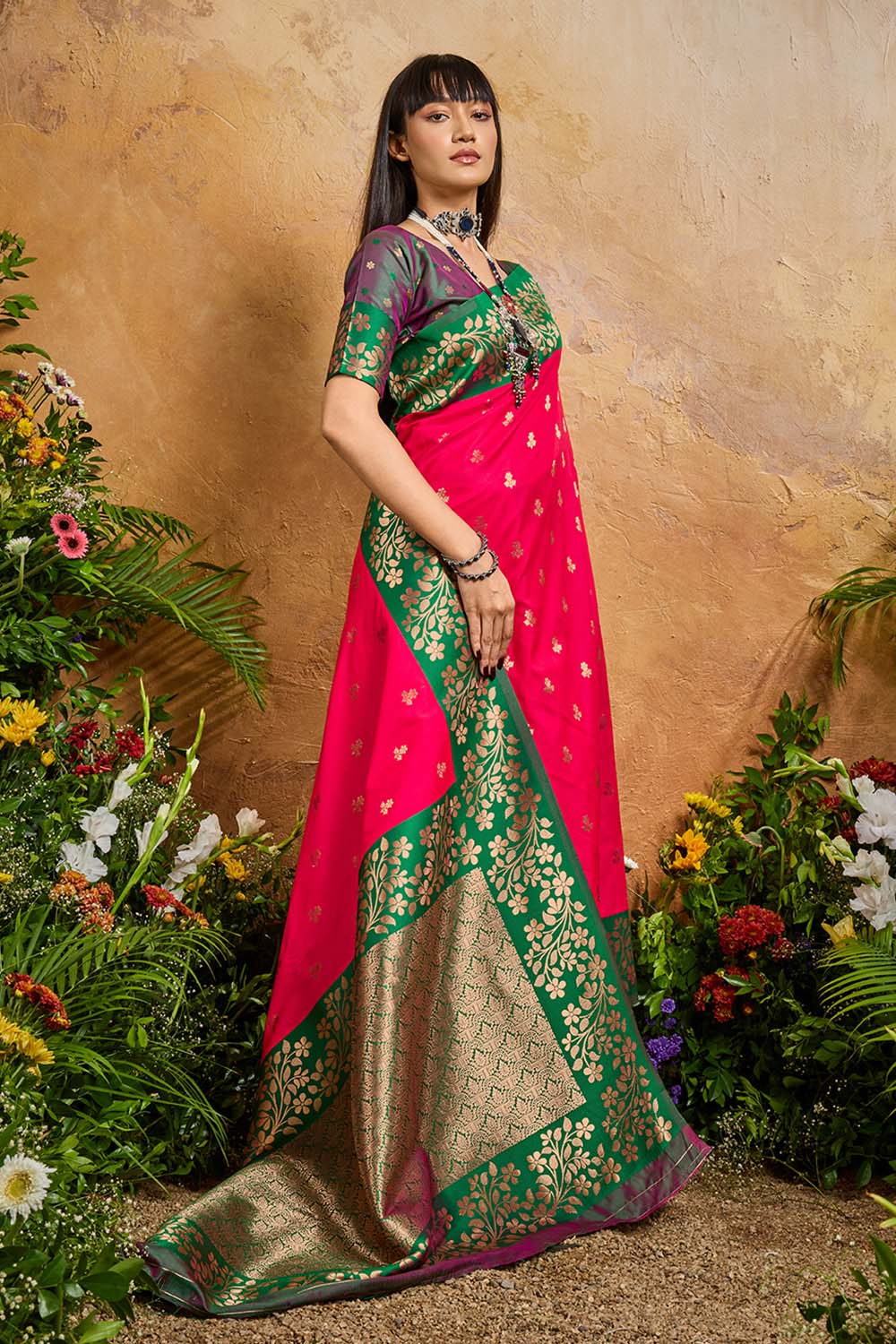 Roya Hot Pink and Green Handloom Weaving Silk Ready to Wear Saree