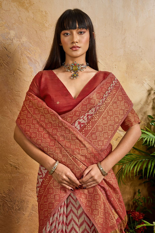 Helen Rust Red Viscose Cotton Handloom Woven Patola Ready to Wear Saree