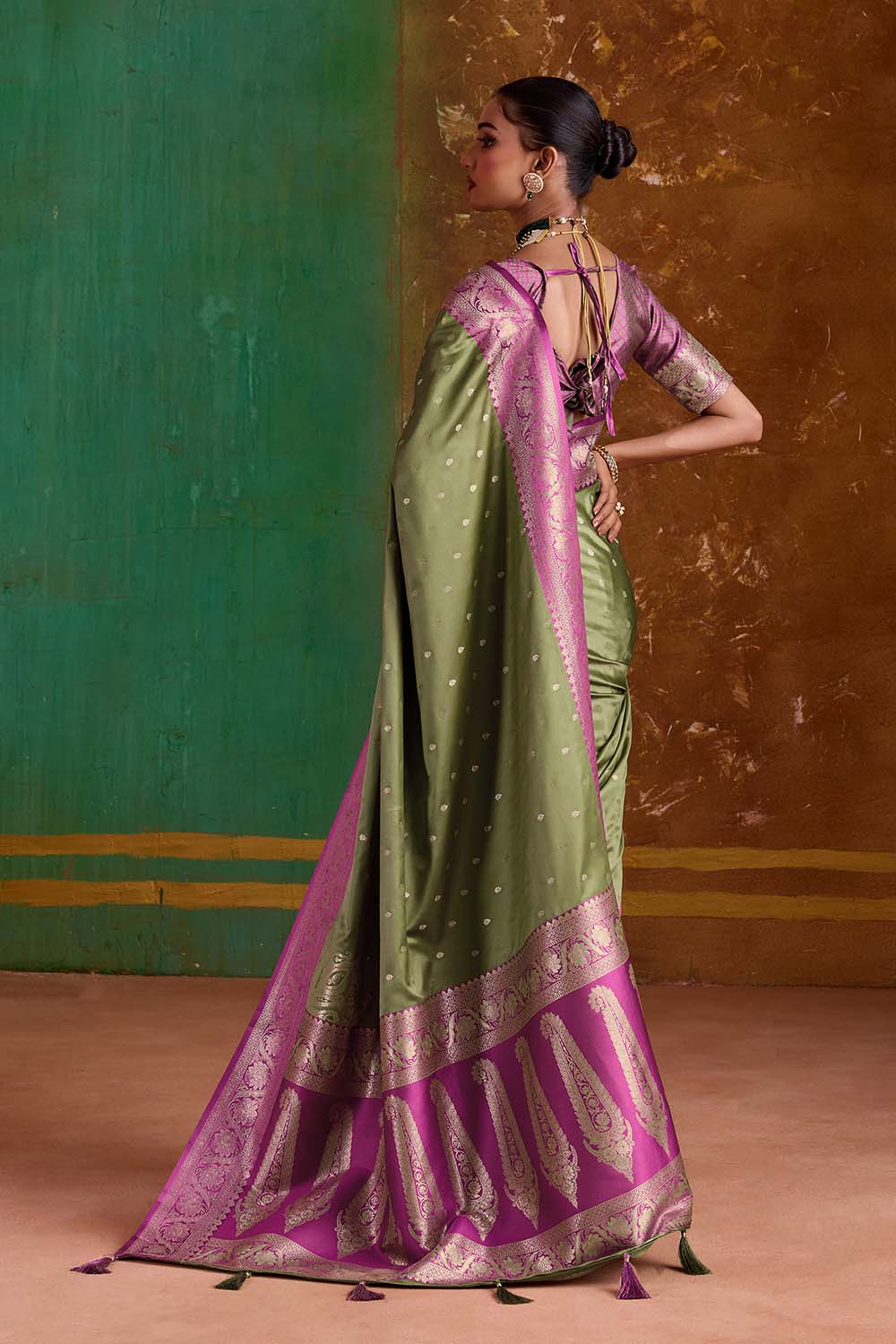 Julia Olive Green Satin Handloom Weaving Silk Ready to Wear Saree