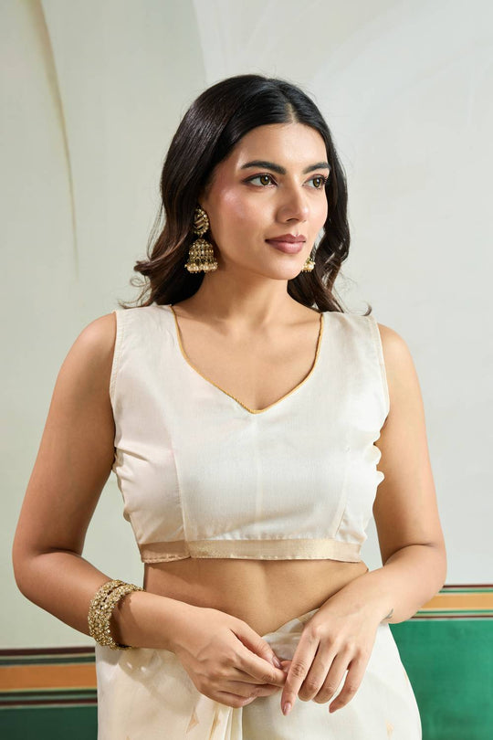 Usha Cream Tussar Silk Ikkat Handloom Weaving Ready to Wear Saree