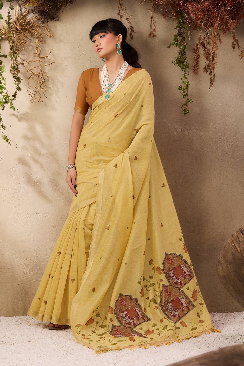 Sanja Mellow Yellow Cotton Woven Ready to Wear Saree