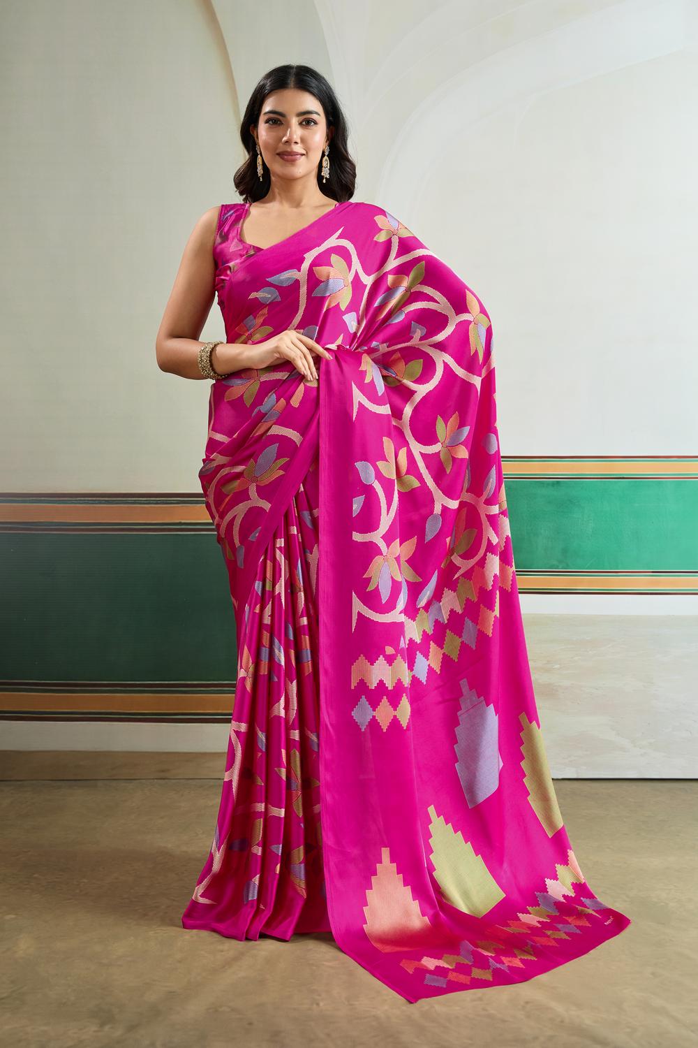 Aylani Rani Pink Modal Satin Ajrakh Print Ready to Wear Saree