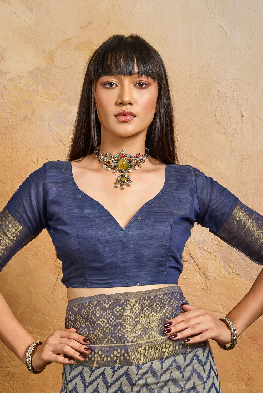 Helen Slate Blue Viscose Cotton Handloom Woven Patola Ready to Wear Saree