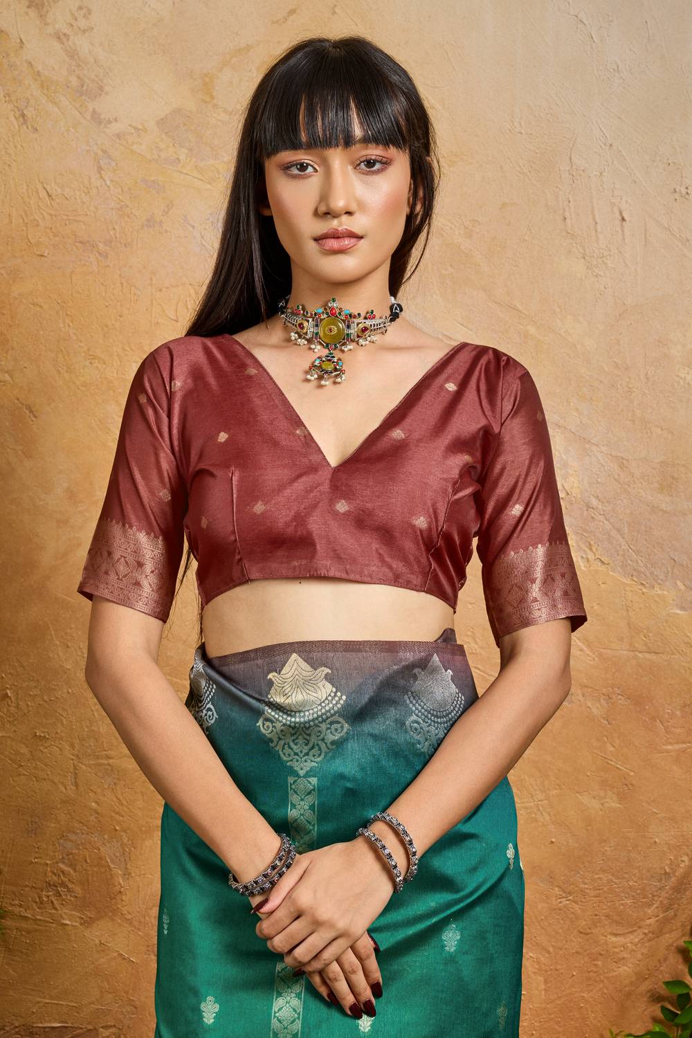 Suri Teal Green Paper Silk With Zari Work Ready to Wear One Minute Saree