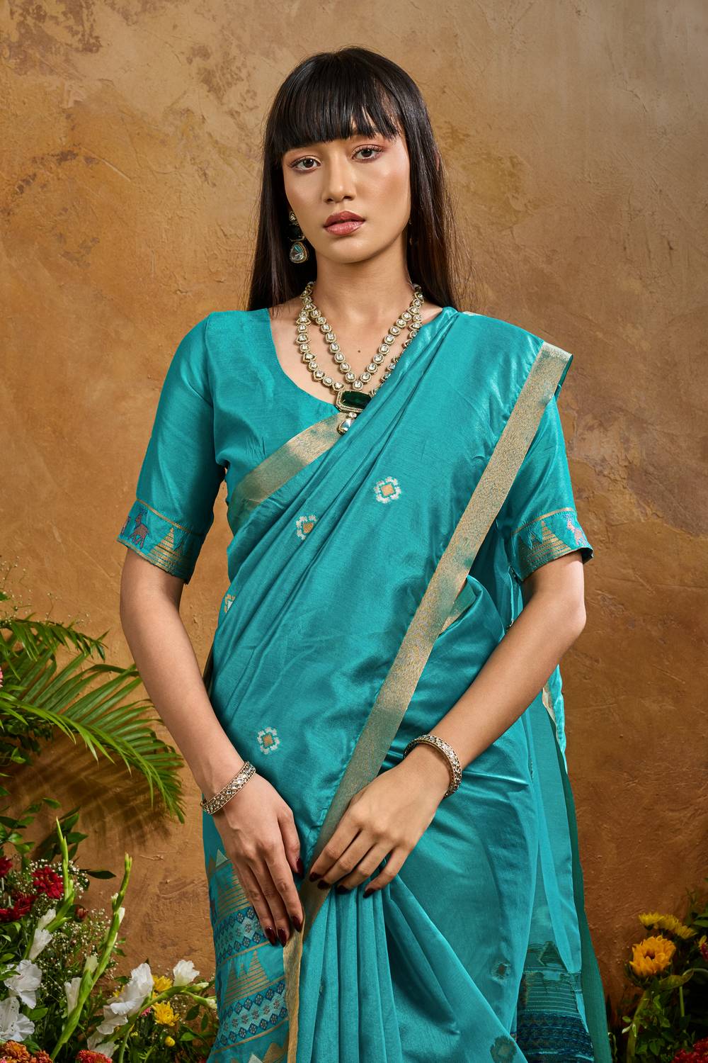 Nikka Teal Blue Tussar Silk Handloom Woven Tribal Border Ready to Wear Saree