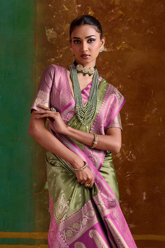 Julia Olive Green Satin Handloom Weaving Silk Ready to Wear Saree