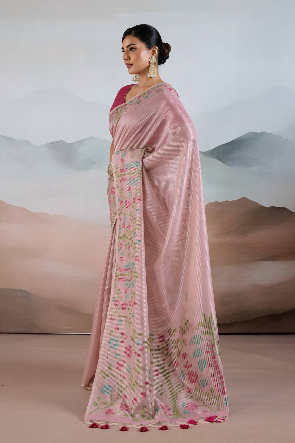 Gaila Rosy Blush Pink Handloom Zari Tissue Brasso Weaving Ready to Wear Saree