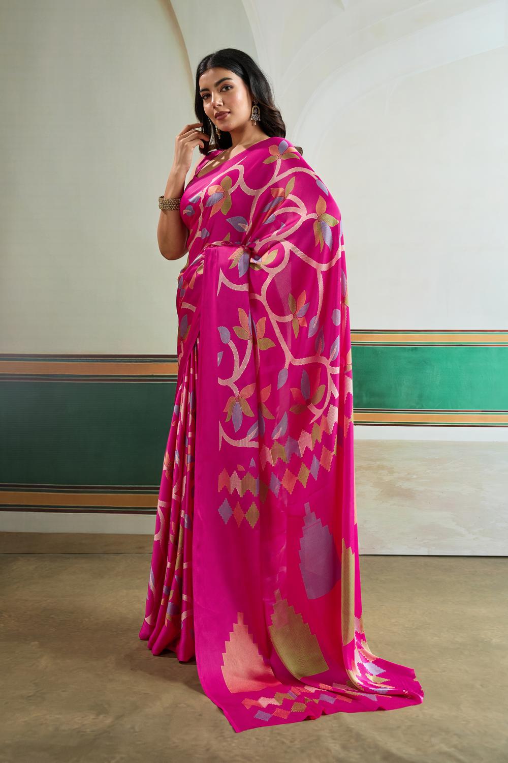 Aylani Rani Pink Modal Satin Ajrakh Print Ready to Wear Saree