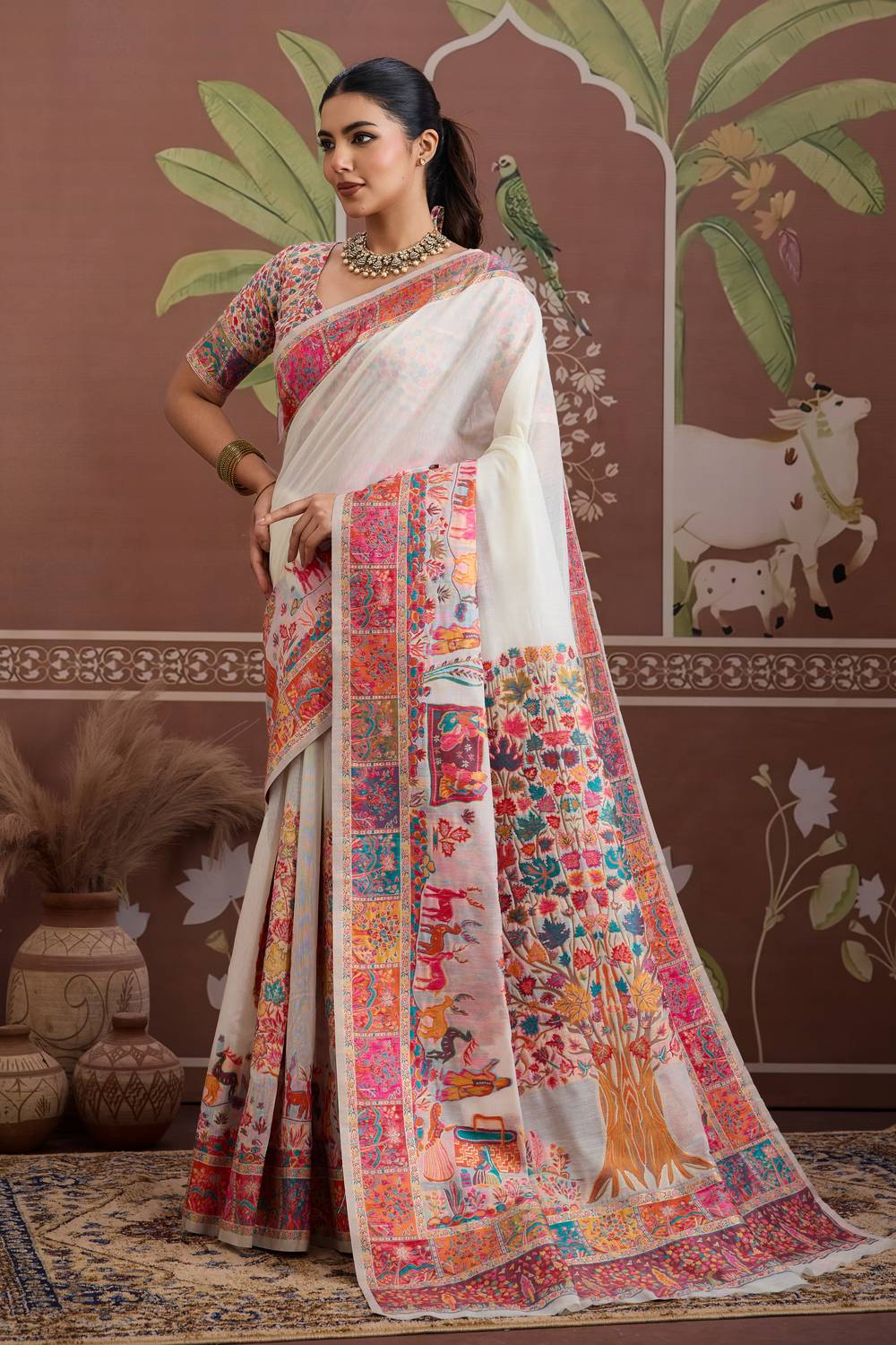 Misha White Modal Cotton Pashmina Woven Ready to Wear Saree