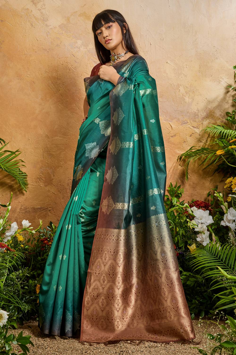 Suri Teal Green Paper Silk With Zari Work Ready to Wear One Minute Saree